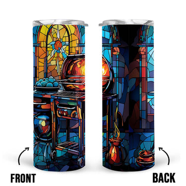 BBQ Grill In Stained Glass 20oz Skinny Tumbler, Outdoors Tumbler, Food Lover, Vibrant Tumbler, Trending Tumbler